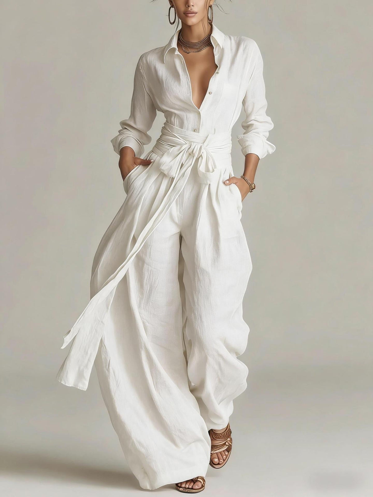 Women's Linen Long Sleeve Shirt & High-Waist Wide-Leg Pants Set with Tie Belt
