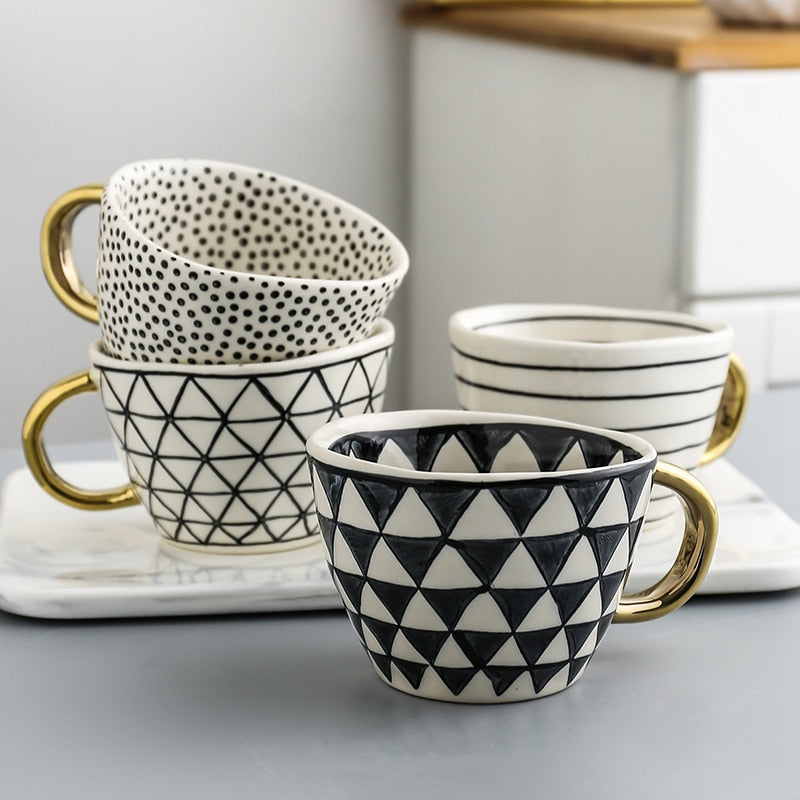 Lechsi Hand Painted Gold Handle Ceramic Mugs