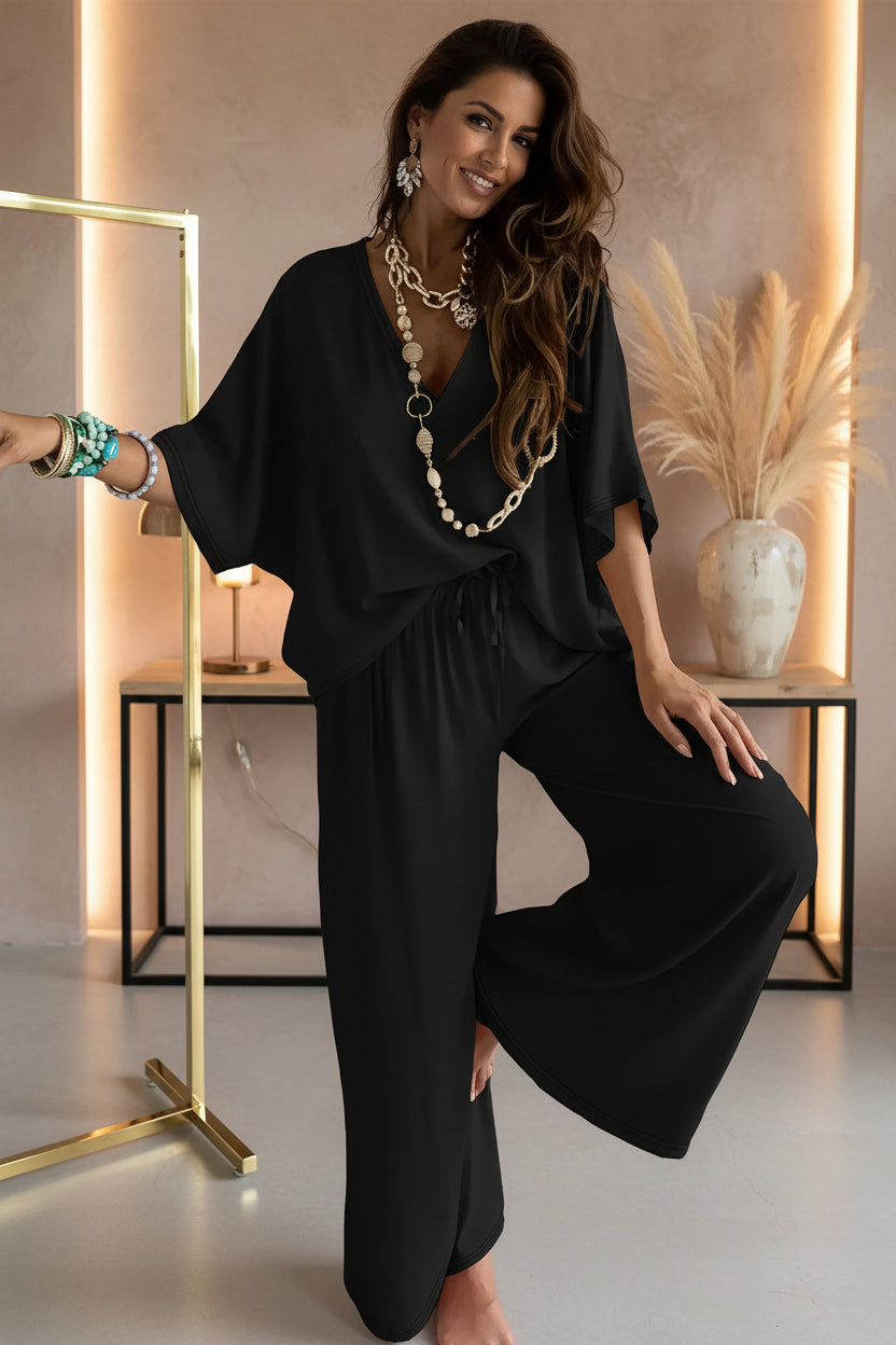 Women's V-Neck Batwing Top & Drawstring Wide-Leg Pants Two-Piece Set
