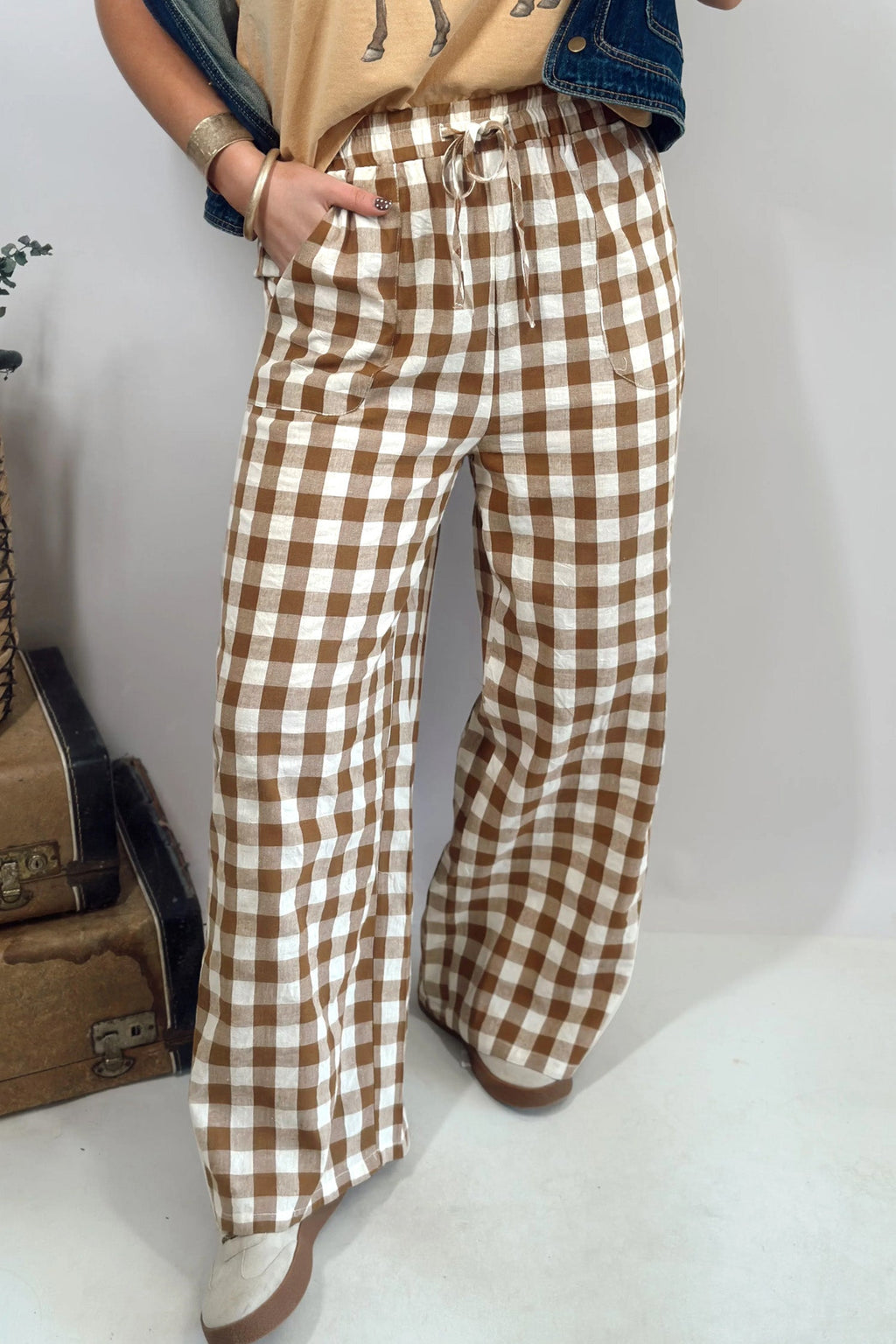 Gingham Tie Elastic Waist Shift Pants