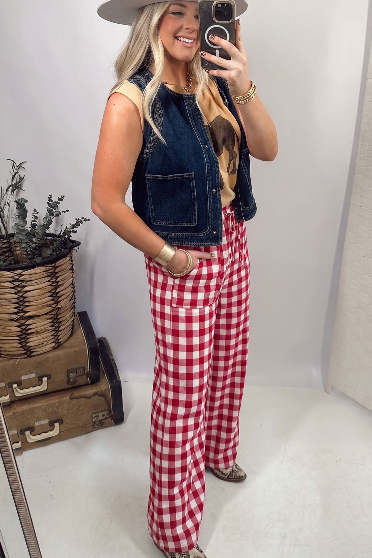 Gingham Tie Elastic Waist Shift Pants
