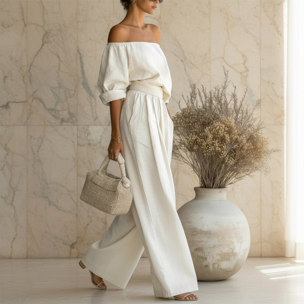 Women's Off-Shoulder Puff Sleeve Blouson Top & High-Rise Wide-Leg Pants Set