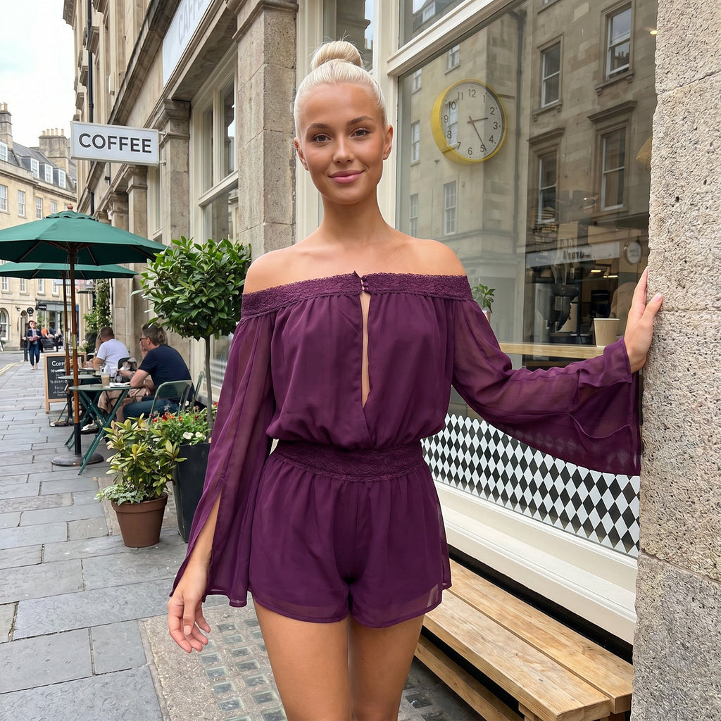 Women's Sheer Chiffon Off-Shoulder Lace-Trim Bell-Sleeve Top & Shorts Set
