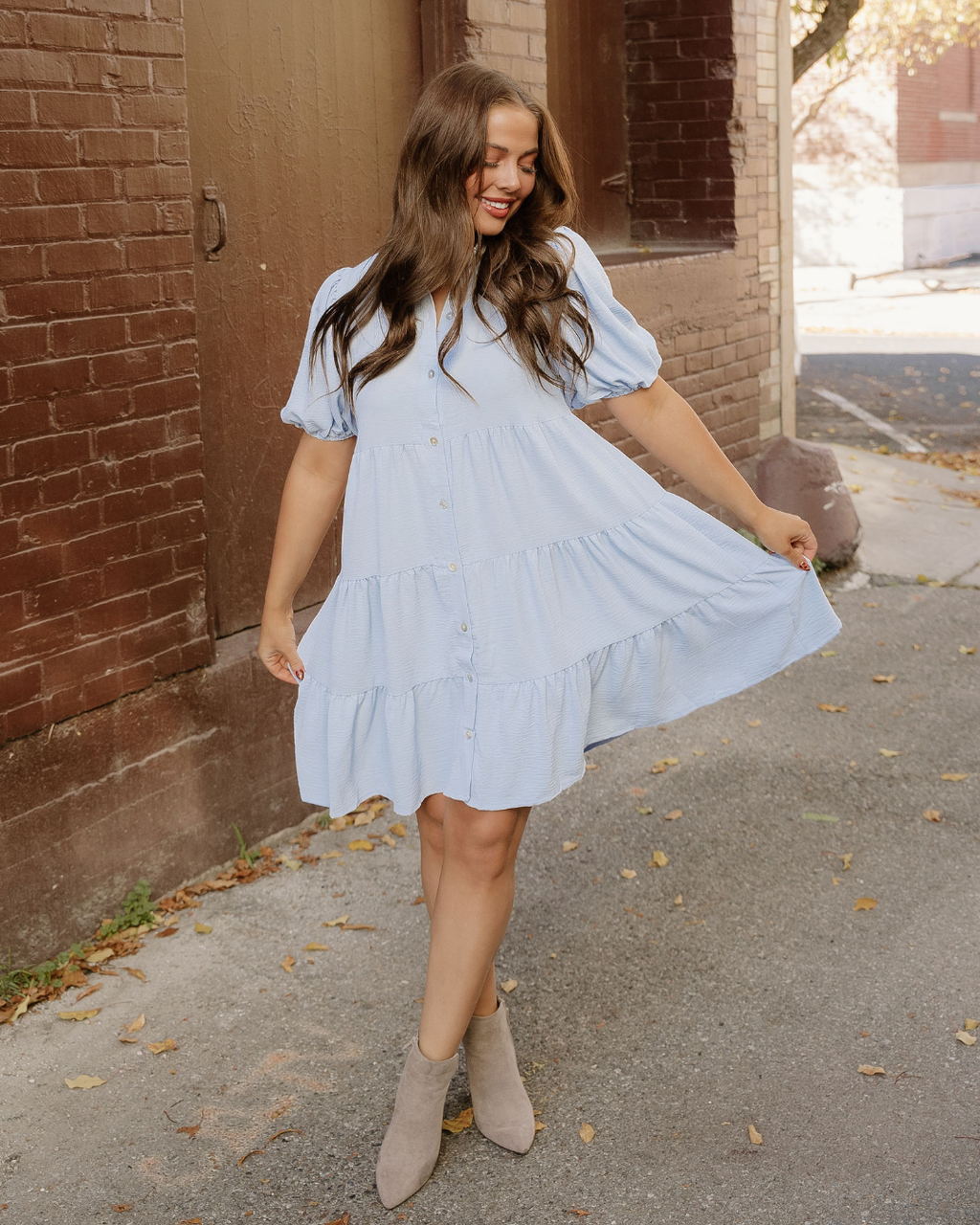 Mimi Button Up Short Puff Sleeve Tiered Shift Dress