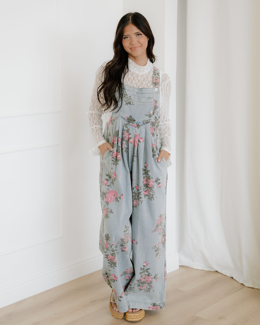 Scottie Floral Print Pleated High Waist Wide Leg Denim Jumpsuit