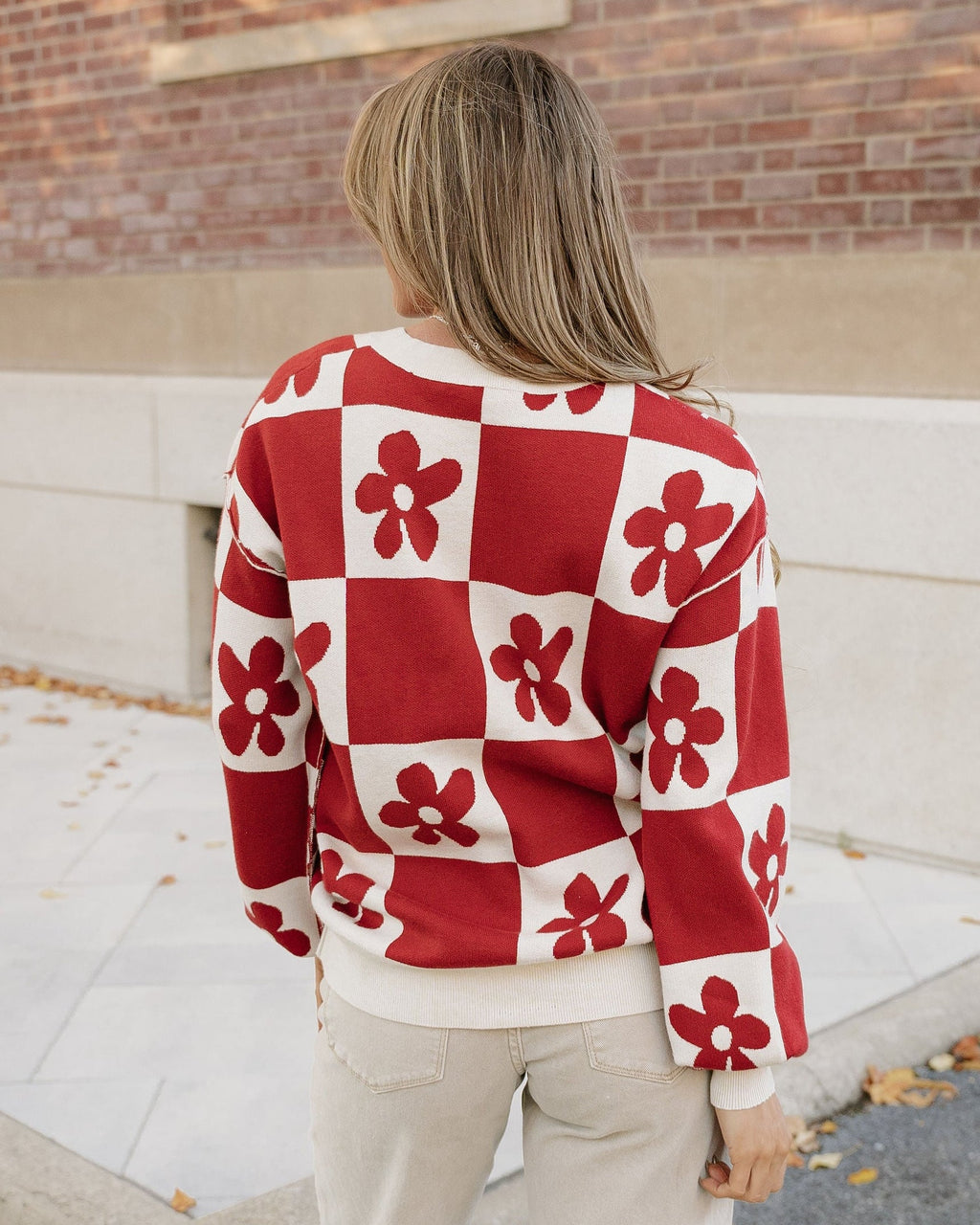 Flower Power Checkered Henley Sweater - Red Dahlia
