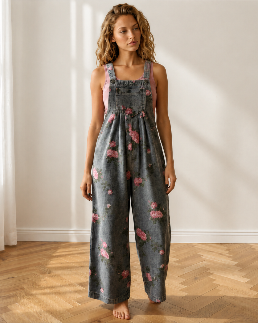 Scottie Floral Print Pleated High Waist Wide Leg Denim Jumpsuit
