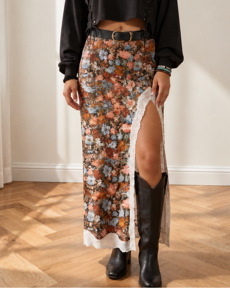 Charlie Lace Trim Split Long Skirt