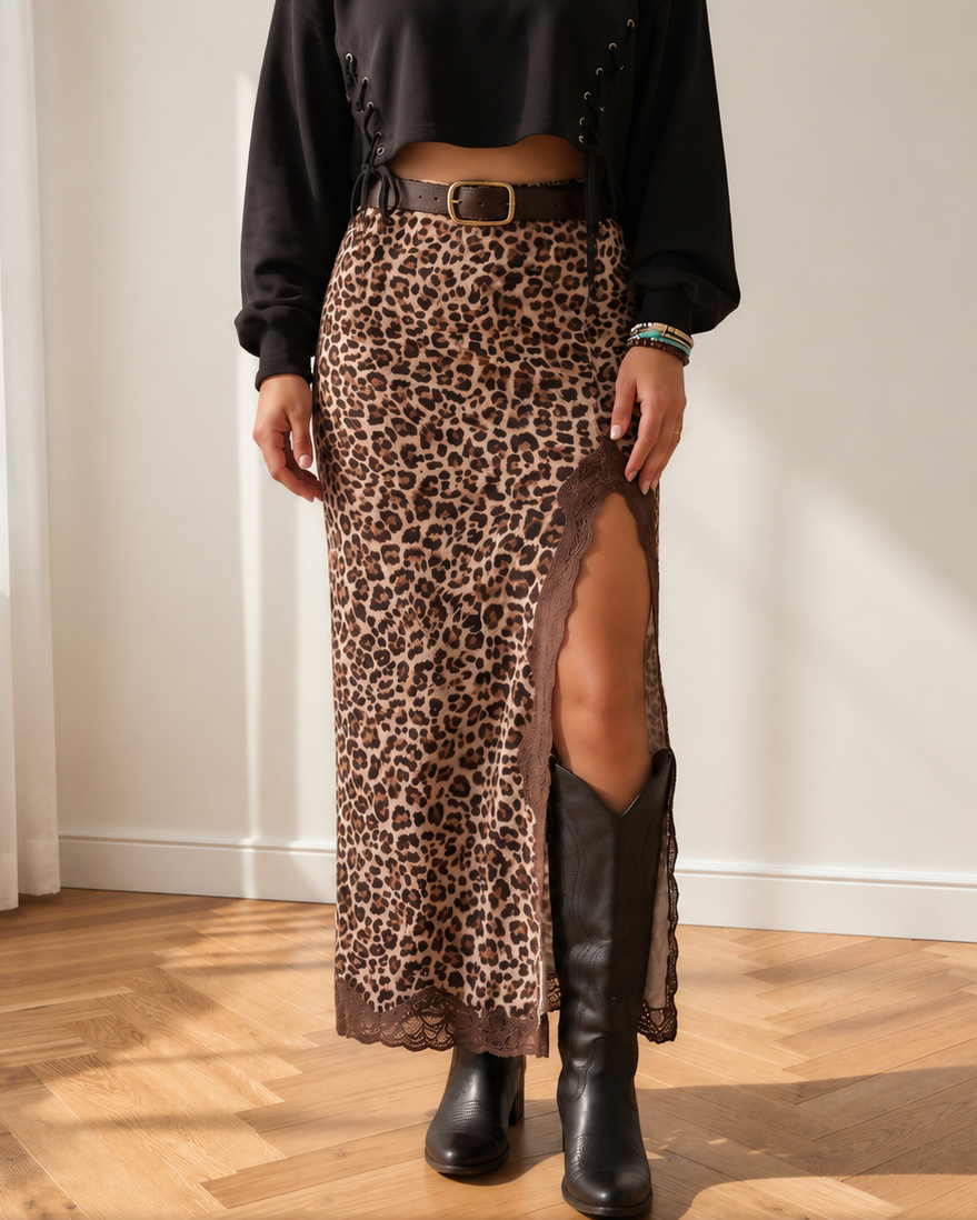 Charlie Lace Trim Split Long Skirt