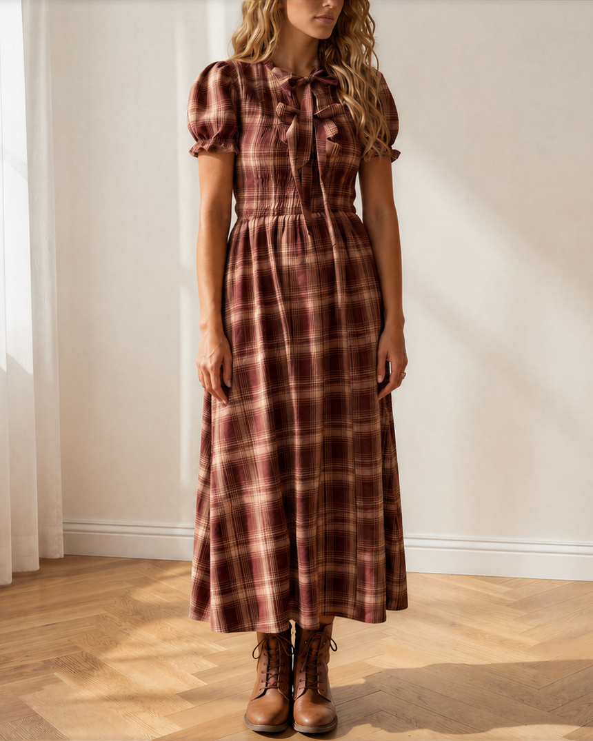 Grace Plaid Knot Front Smocked High Waist Midi Dress