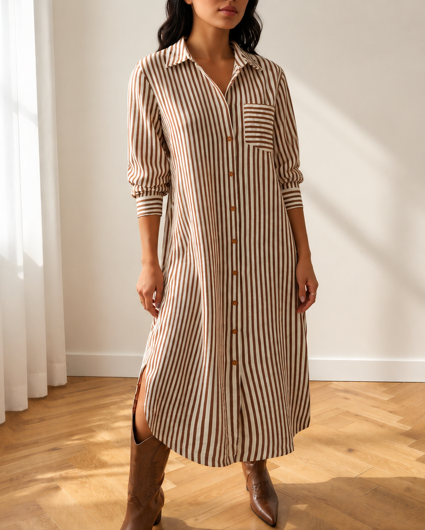 Sasha 3/4 Sleeve Round Hem Split Midi Shirt Dress