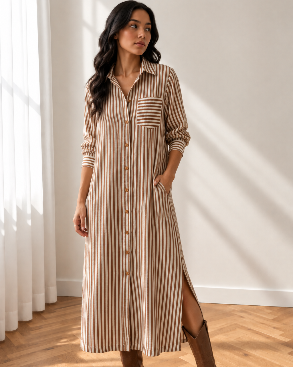 Sasha 3/4 Sleeve Round Hem Split Midi Shirt Dress