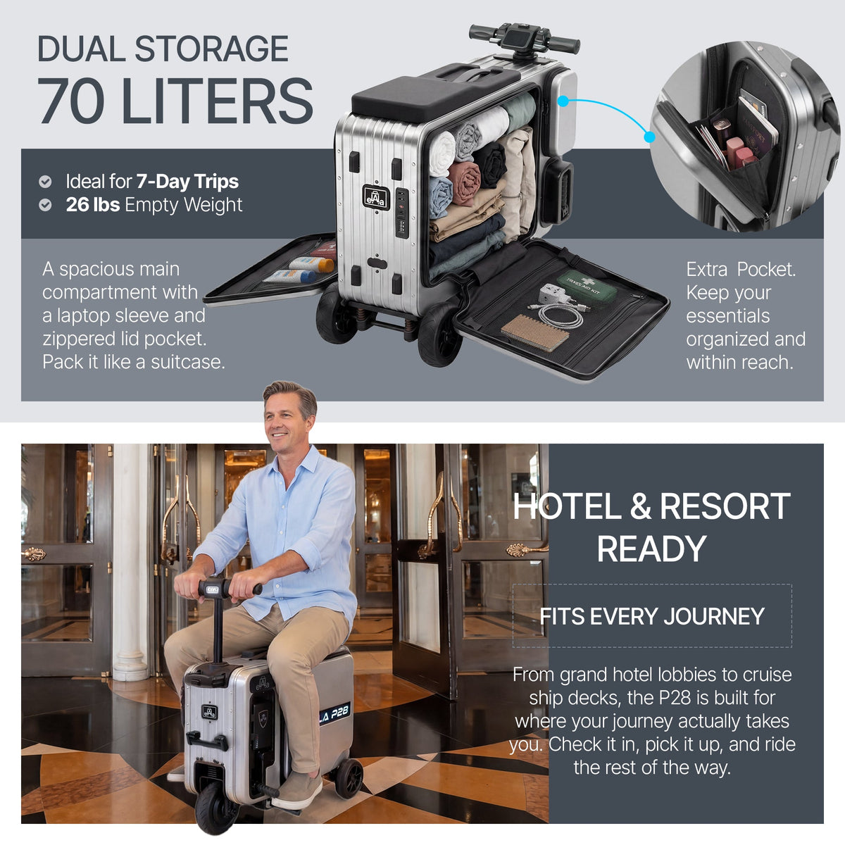 Elala P28 - The Rideable Checked Suitcase Built for Two