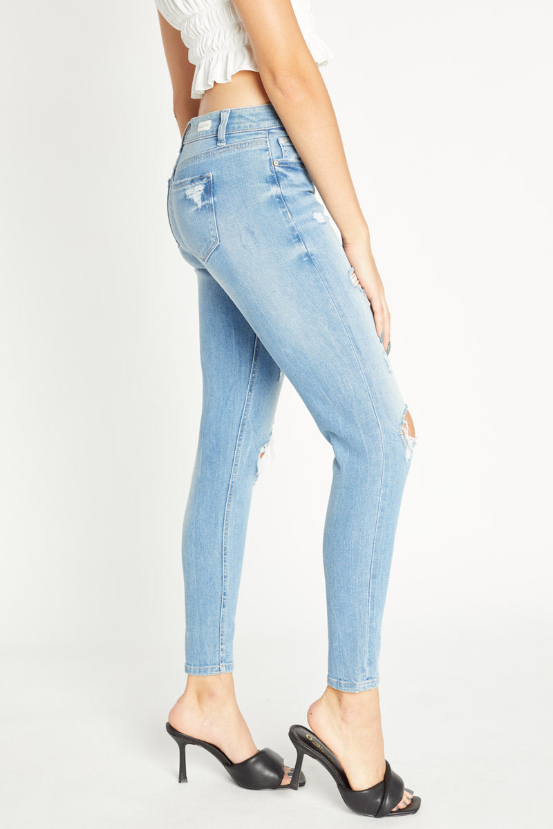 Distressed Mid Rise Ankle Skinny Jeans