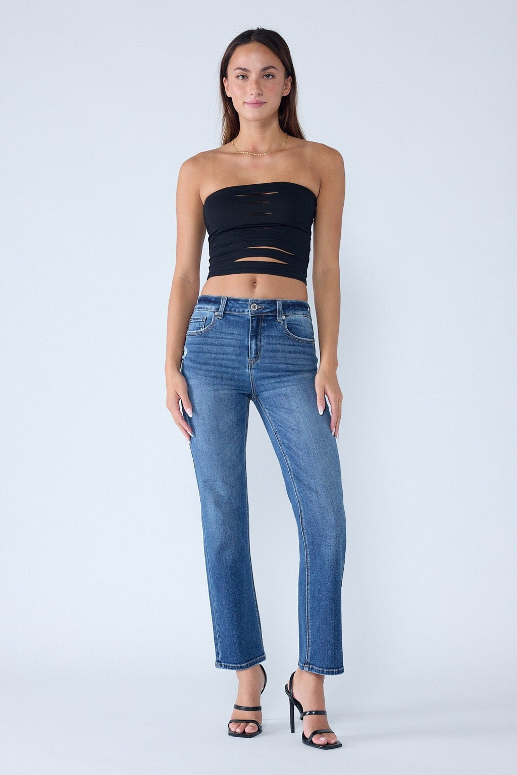 High Rise Destructed Straight Jeans