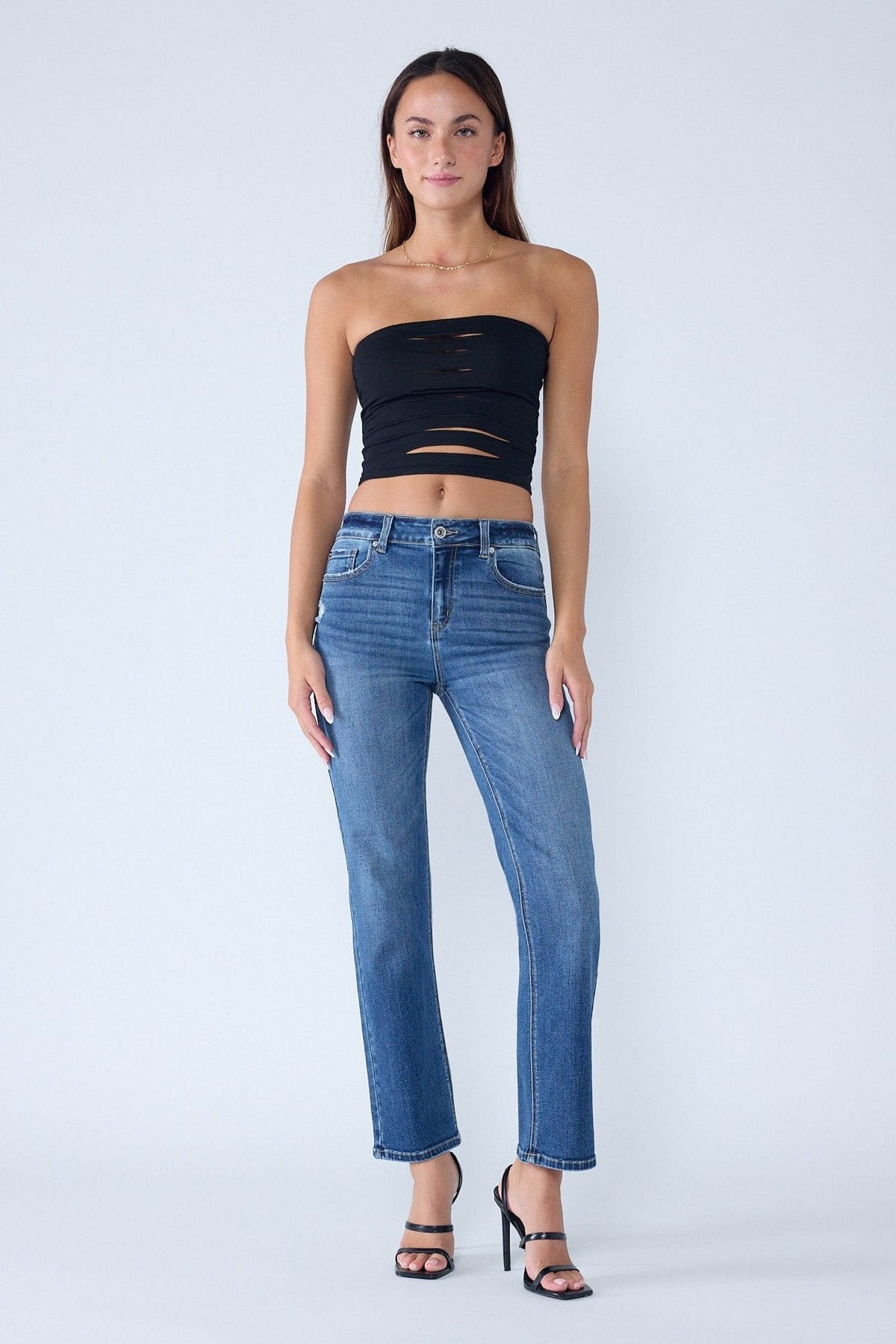 High Rise Destructed Straight Jeans