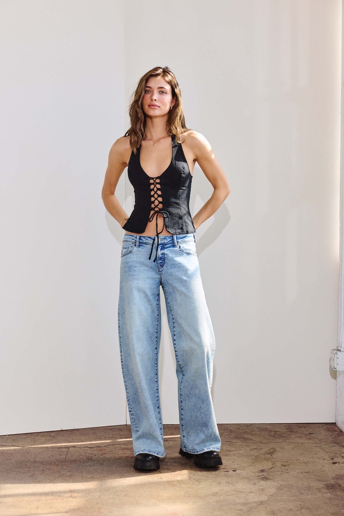 Low Waist Acid Washed Baggy Wide Leg Jeans