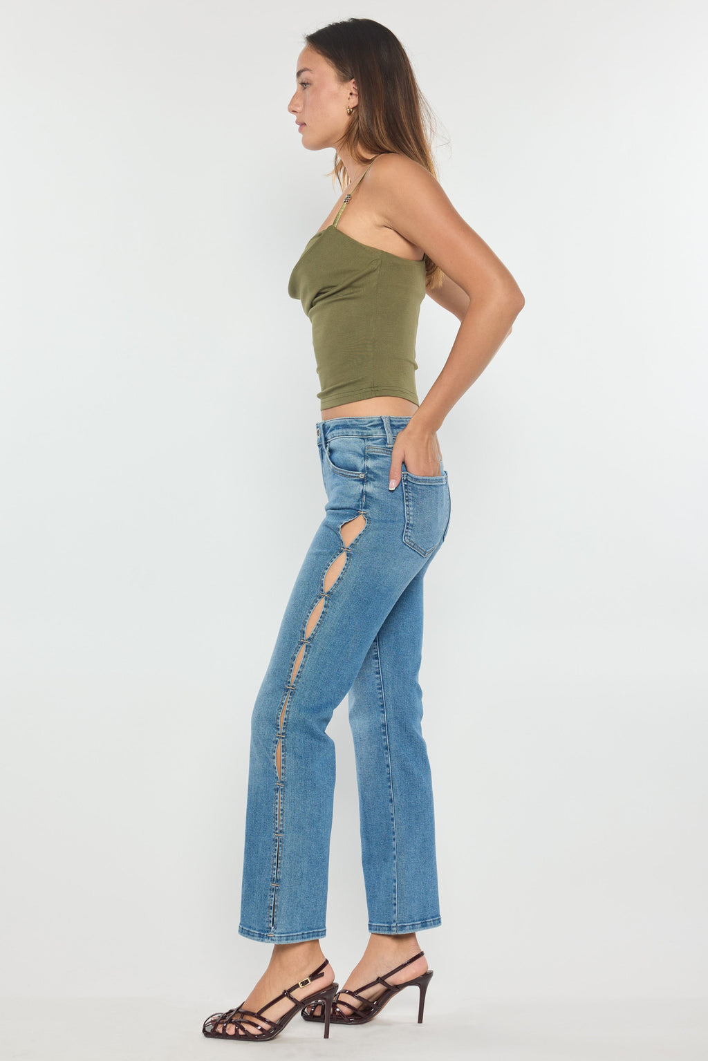 High Rise Relaxed Crop Bootcut Jeans with Side Cut-out hole Detail