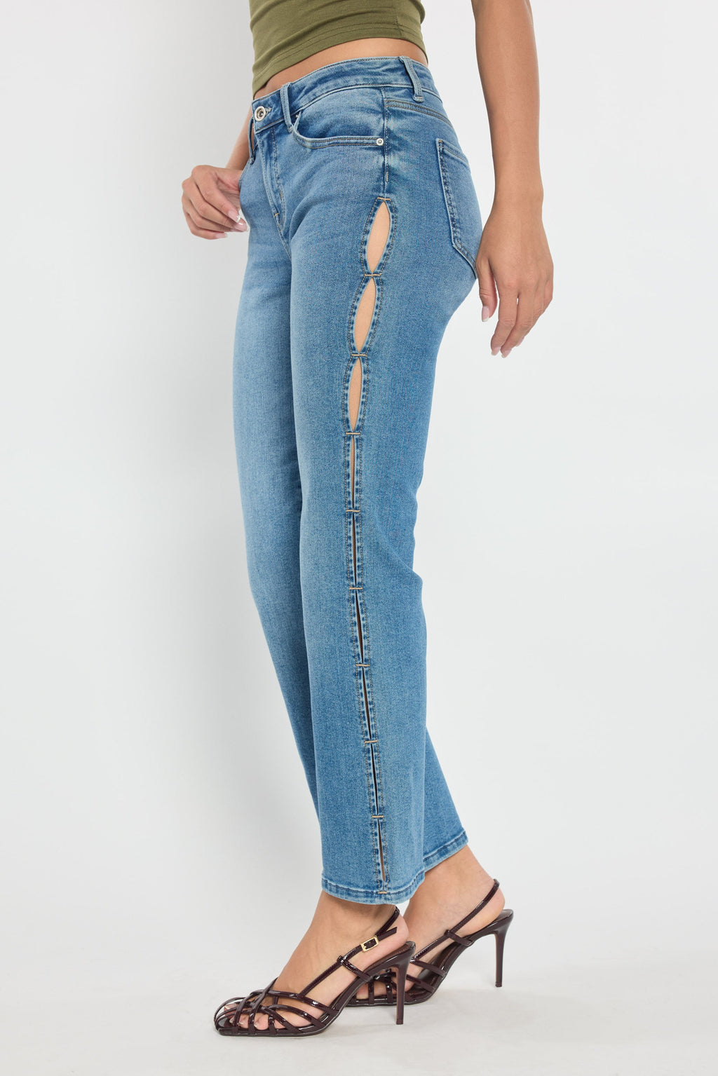 High Rise Relaxed Crop Bootcut Jeans with Side Cut-out hole Detail