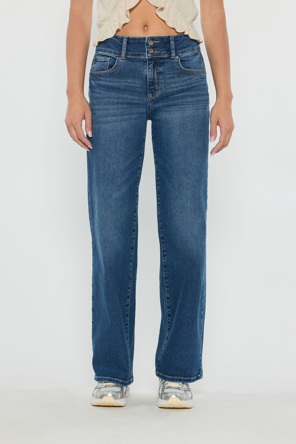 High Rise Two Button Wide Leg Jeans