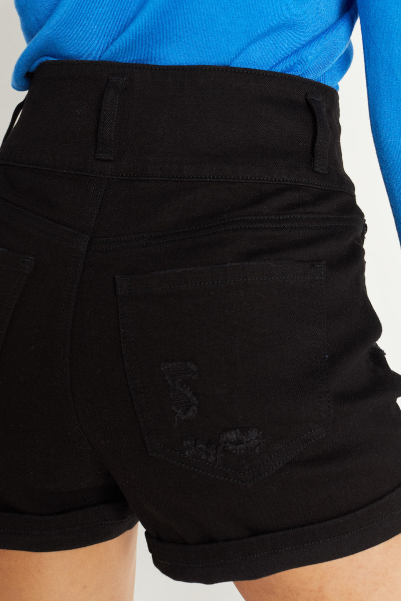 High-Rise 3 Button Destressed Denim Shorts