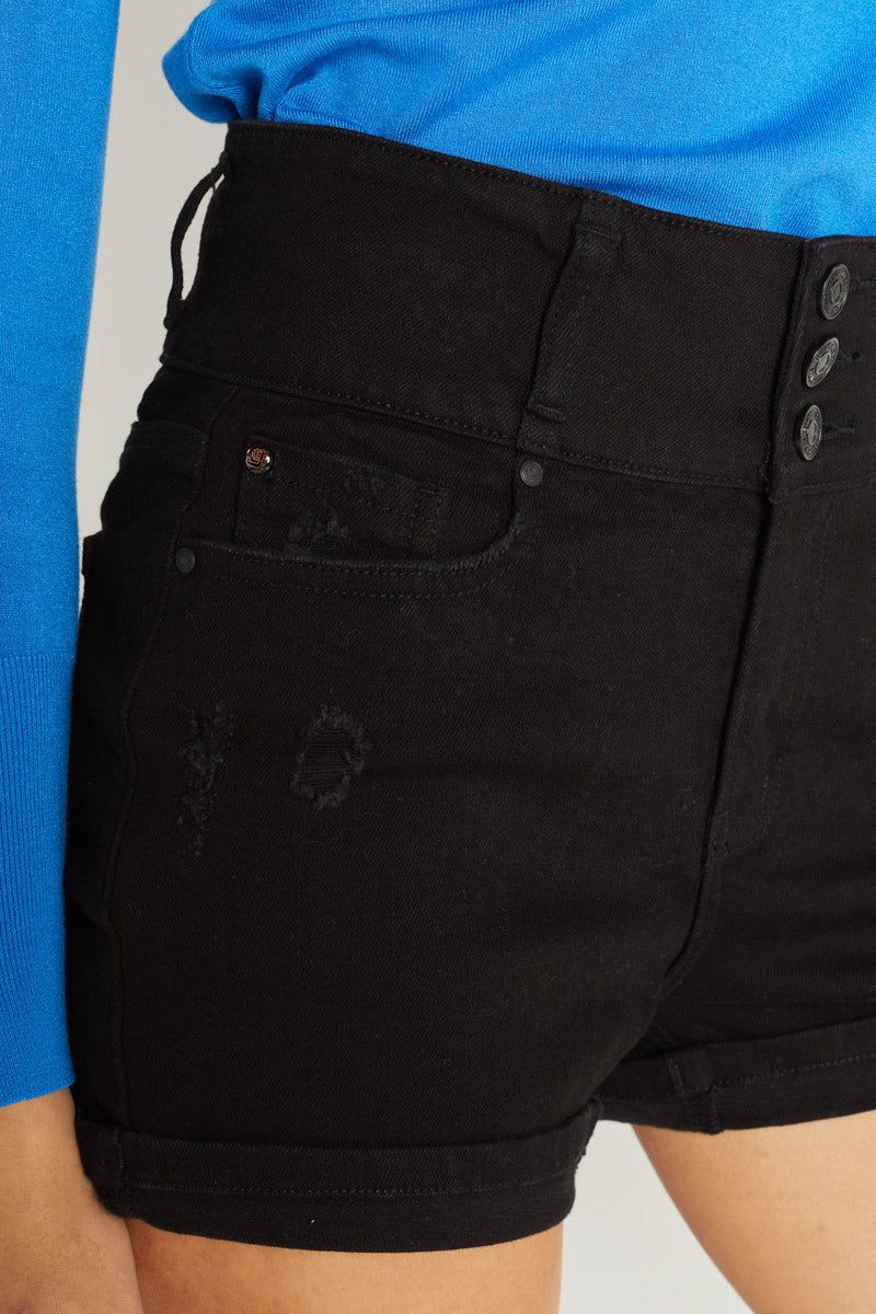 High-Rise 3 Button Destressed Denim Shorts