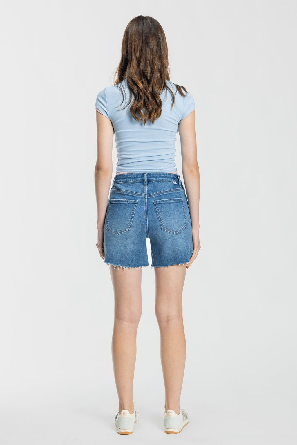 Mid Length Distressed Cut Off Denim Shorts