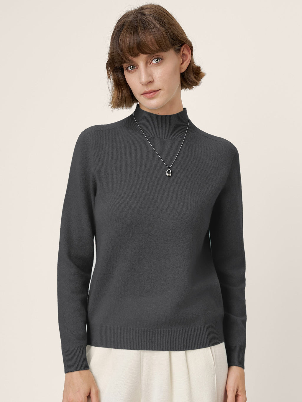 Premium Cashmere Blend Hand-Finished Seamless Mock Neck Ribbed Sweater RHEA