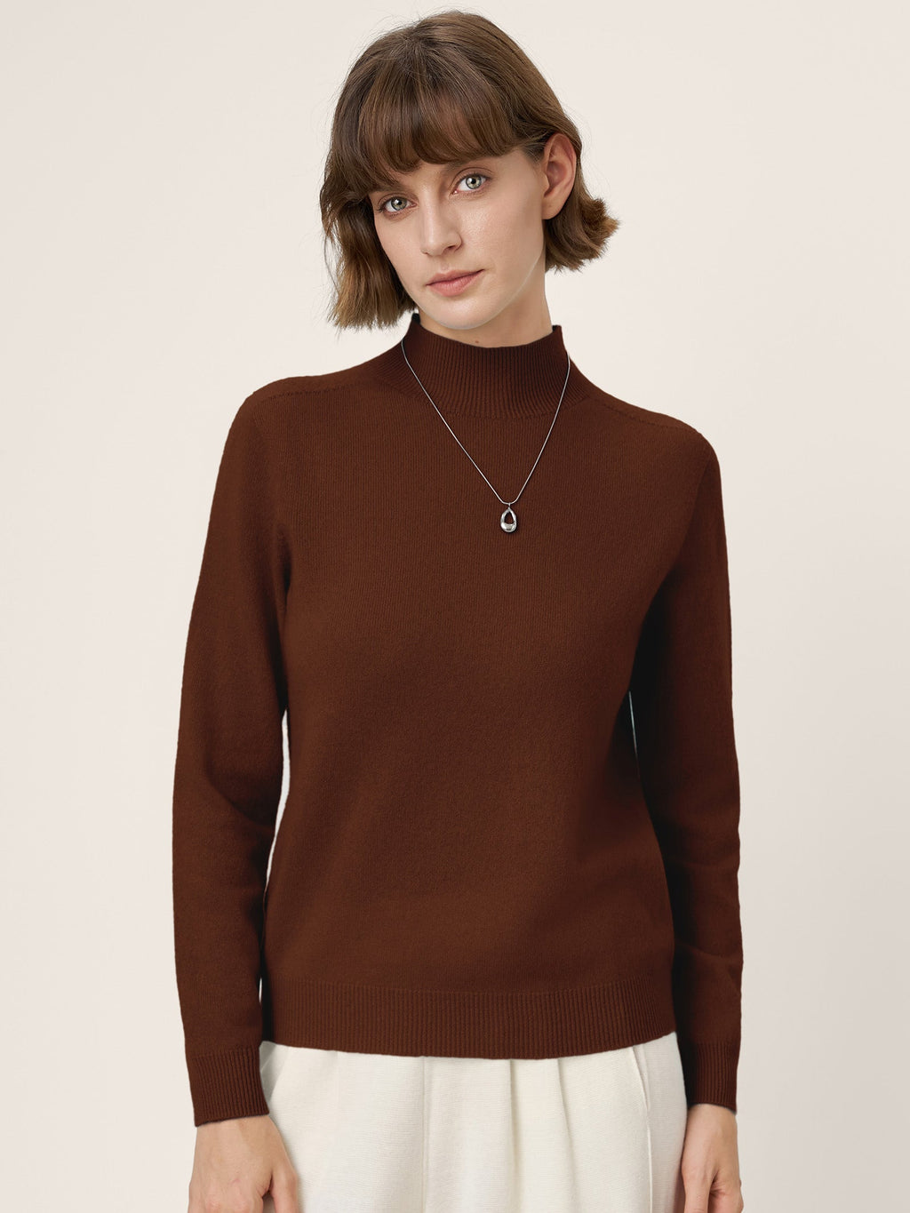 Premium Cashmere Blend Hand-Finished Seamless Mock Neck Ribbed Sweater RHEA