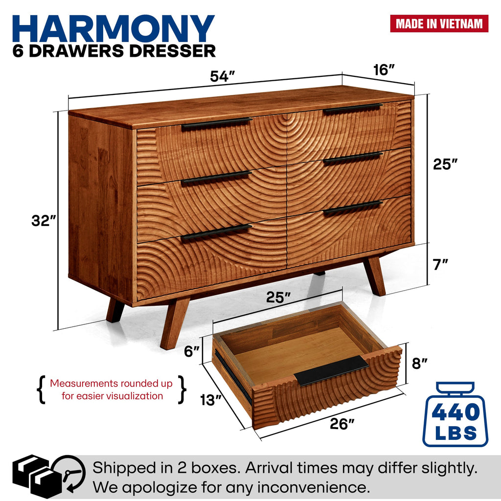 Harmony Solid Wood Dresser with 6 Drawers