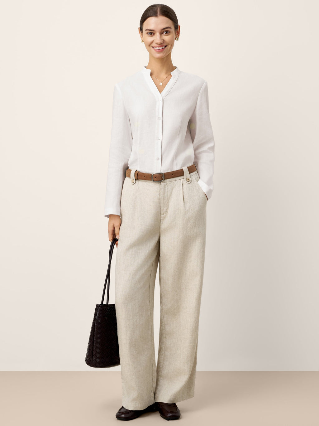 Linen-Lyocell Pleated Wide Leg Trousers with Back Elastic & Button Detail AISLING