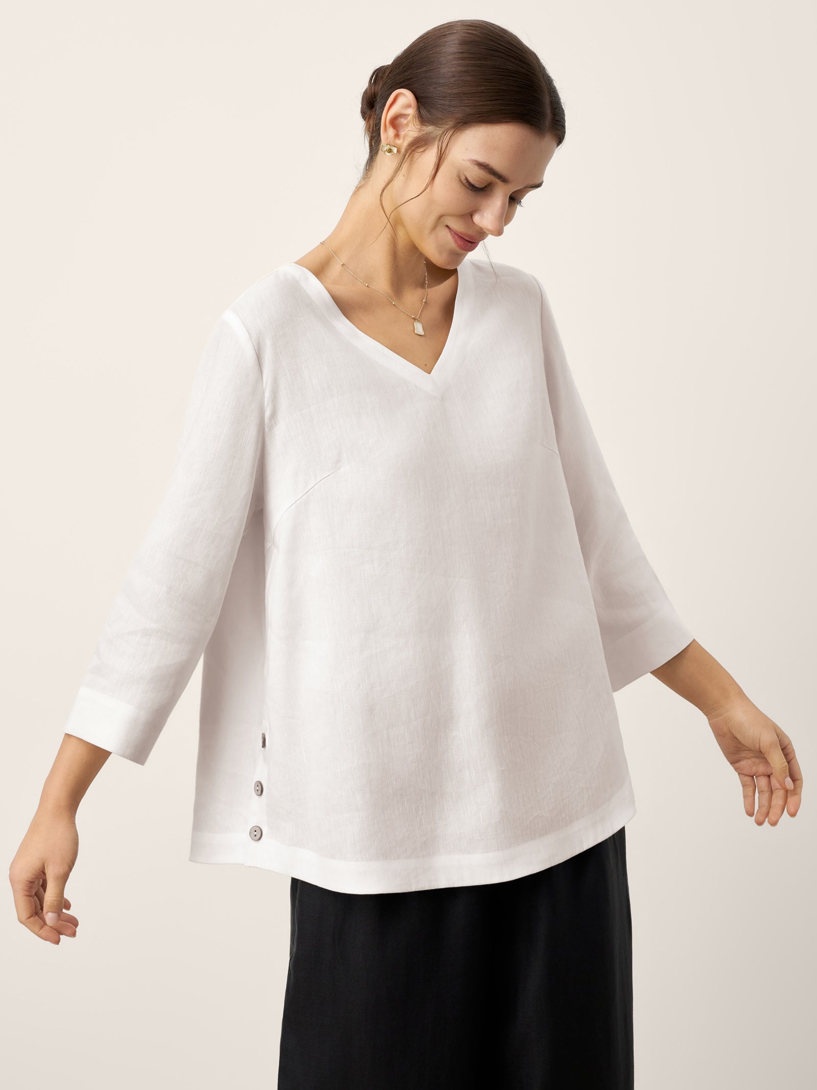 Linen-Lyocell V-Neck Button Detail Overtop ODETTE