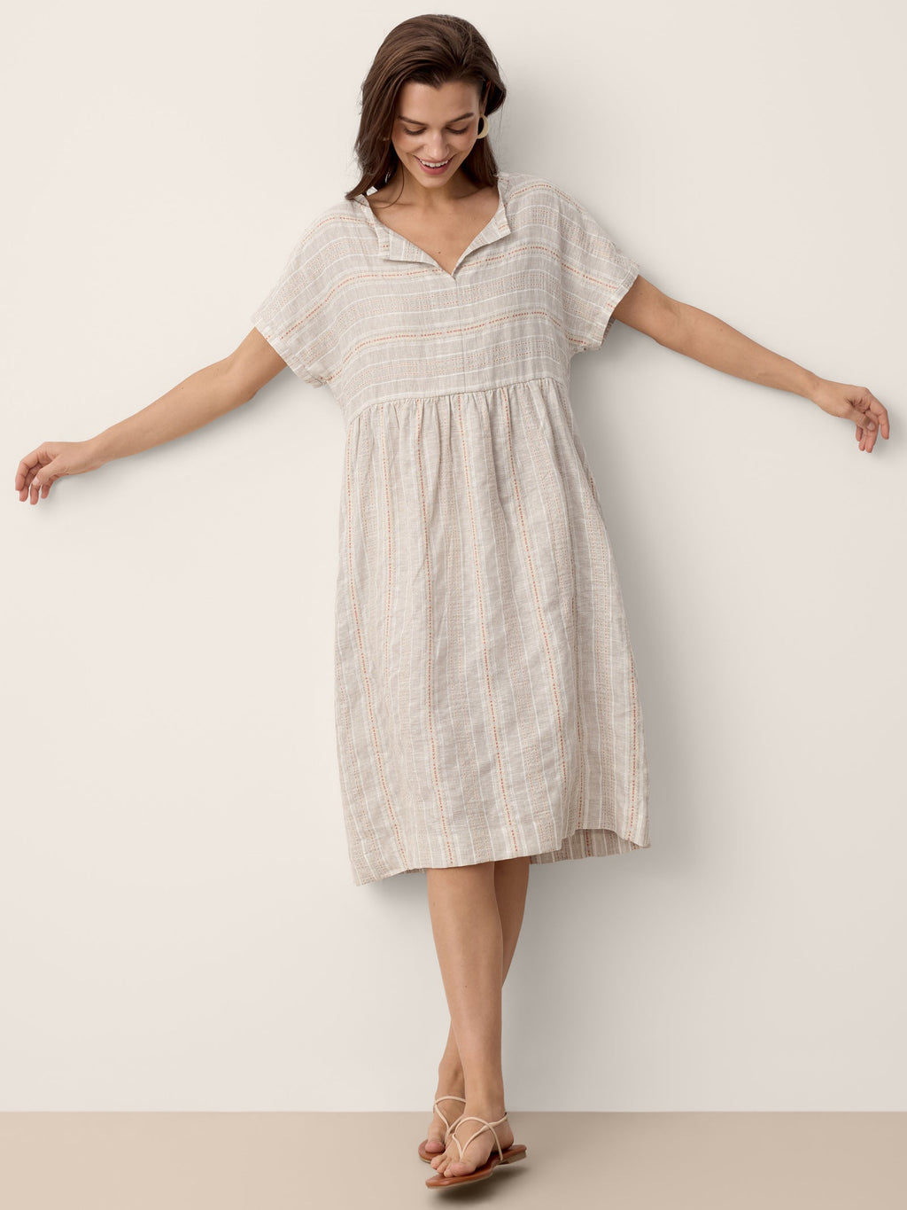 Linen Gathered-Hem Split-Neck Midi Dress SYDNEY