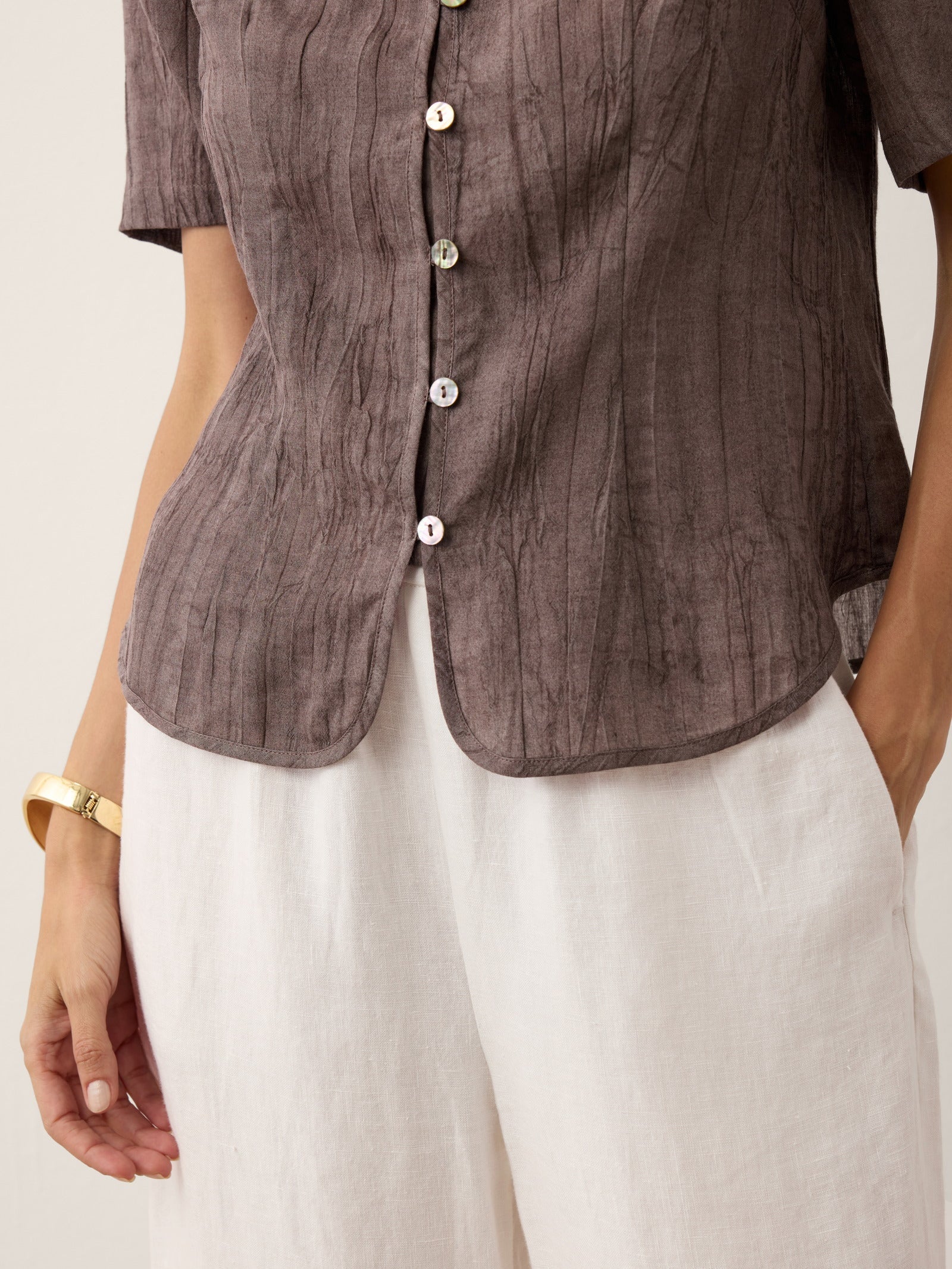 Linen Textured Stand Collar Shirt Jacket PHILIPPA