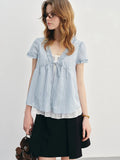 New Blue Striped Ruffle Blouse
