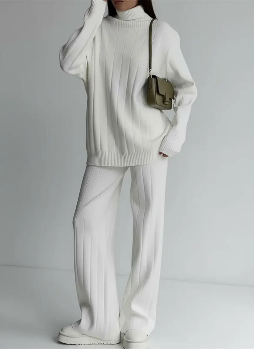 Women's White Knitted Turtleneck & Jogger Pant 2-Piece Set