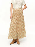 Brown Midi Skirt Retro Plaid Mesh