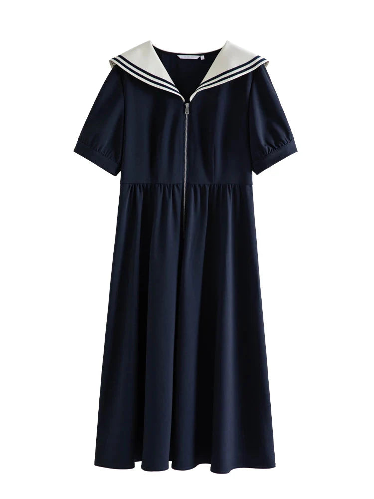 Navy Contrast Zip Dress Classic Nautical Summer Style