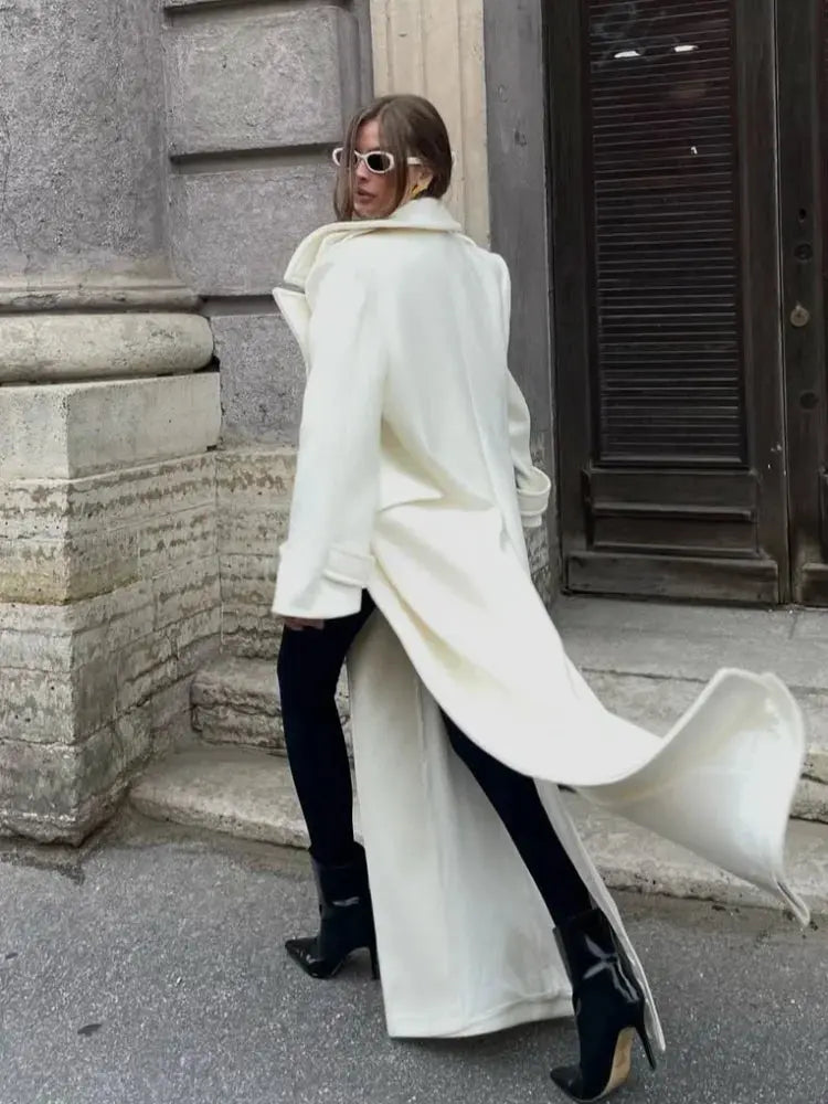 Chic Double-Breasted Wool Coat with Lace-Up Detail