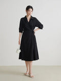 Temperament Black A-Line Drape Dress with Turn-down Collar