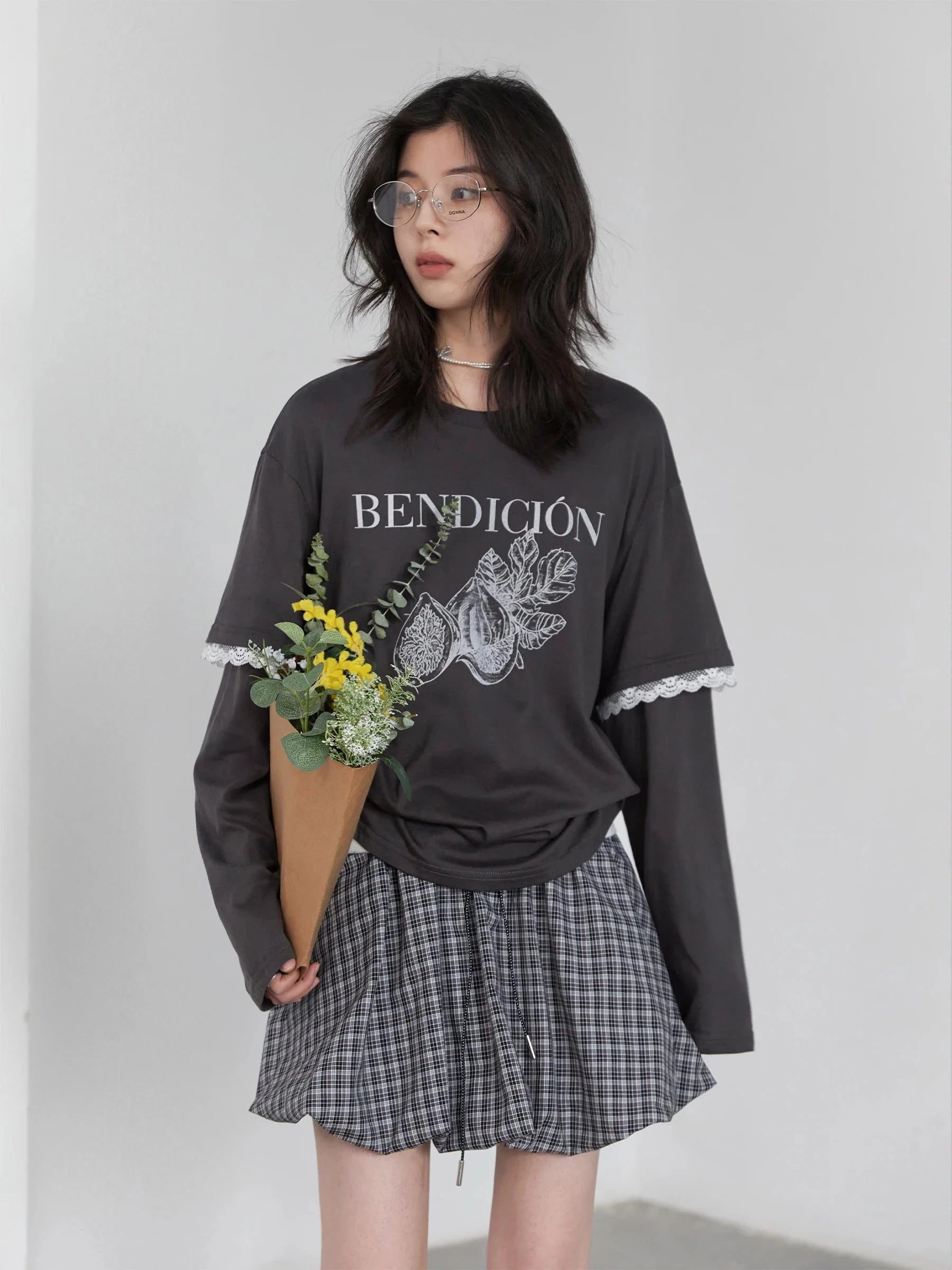 Cotton Letter Print T-Shirt Lace Patchwork Tee