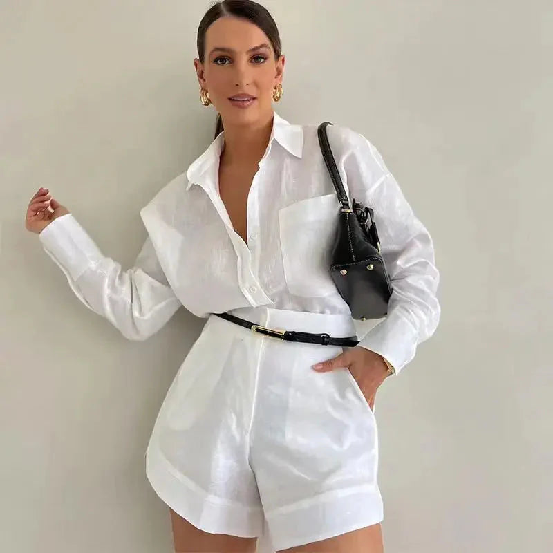 Cotton Linen Shirt & High-Waist Shorts Set