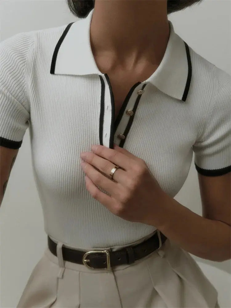 Contrast Patchwork Knit Top with Lapel Collar