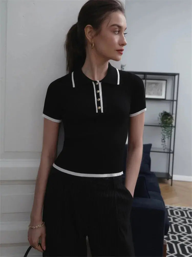 Contrast Patchwork Knit Top with Lapel Collar