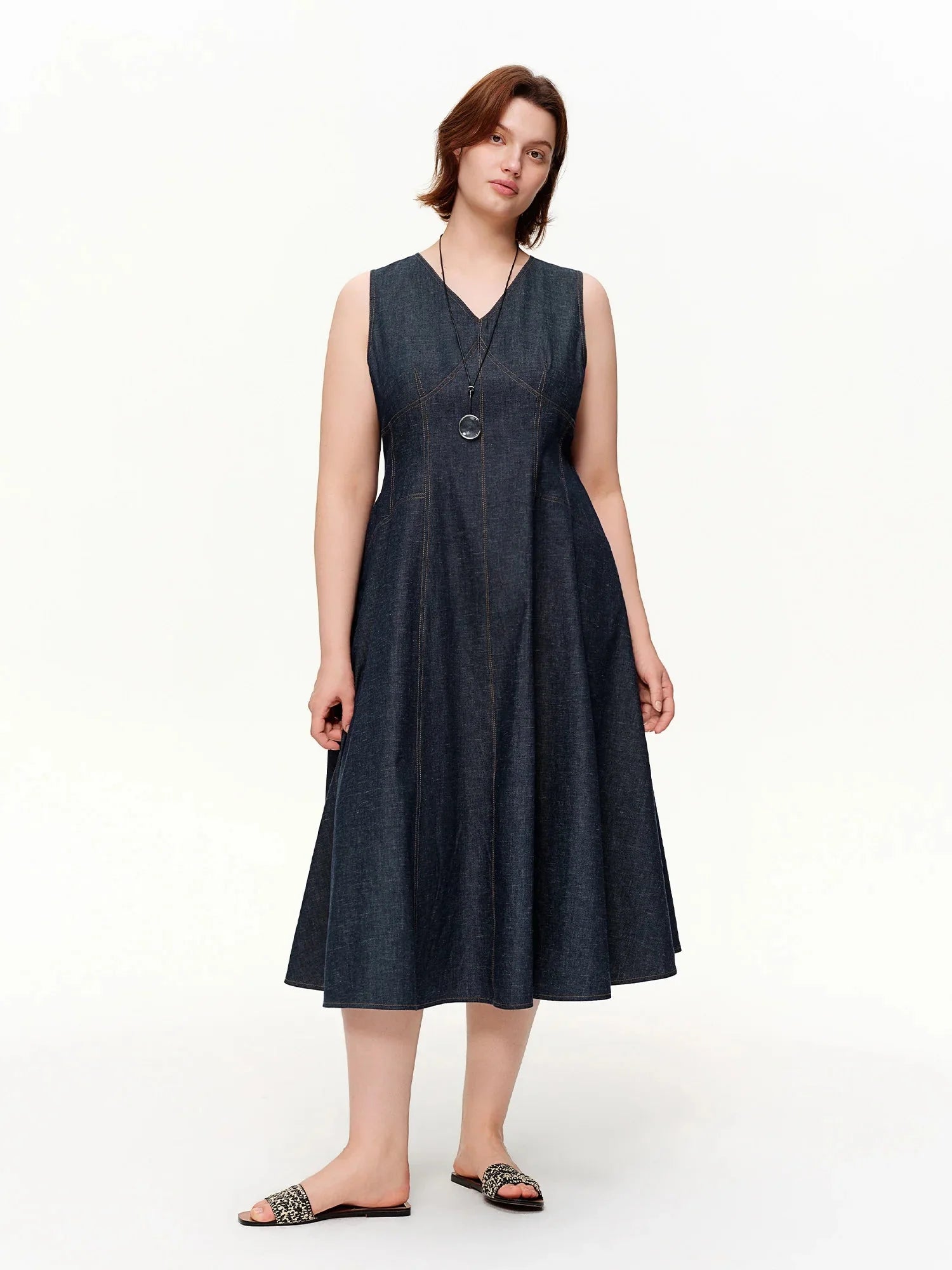 Women’s Sculpted Denim Midi Dress Sleeveless A-Line Style