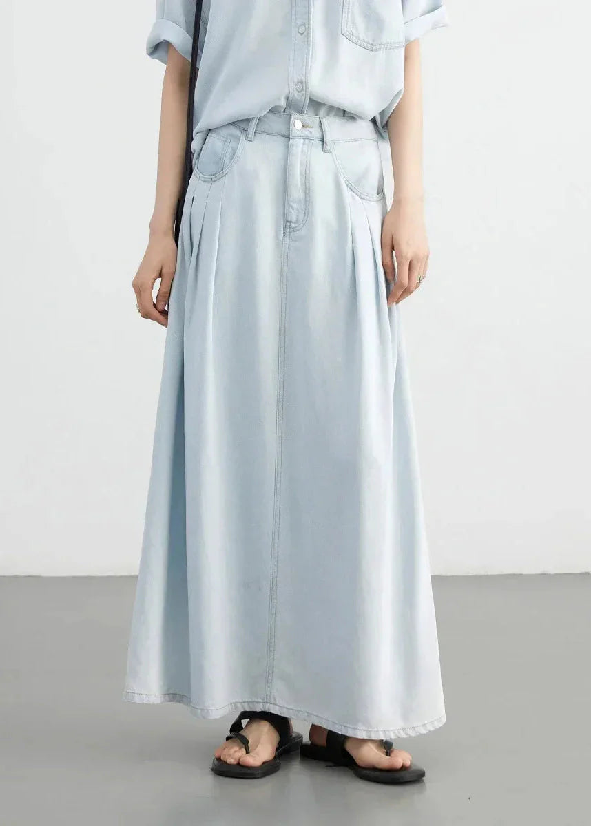 Blue Denim Set: Loose Shirt & Elastic Waist Shorts/Skirt