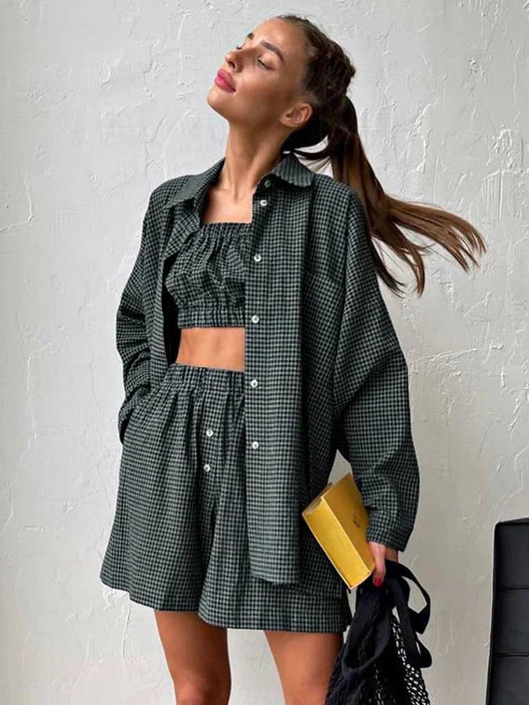 3-Piece Gray Plaid Cotton Lounge Set Loose Summer Outfit