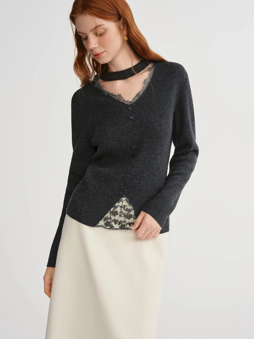 Plus Size Lace-Trimmed Mesh Knit Sweater Warm Wool Blend