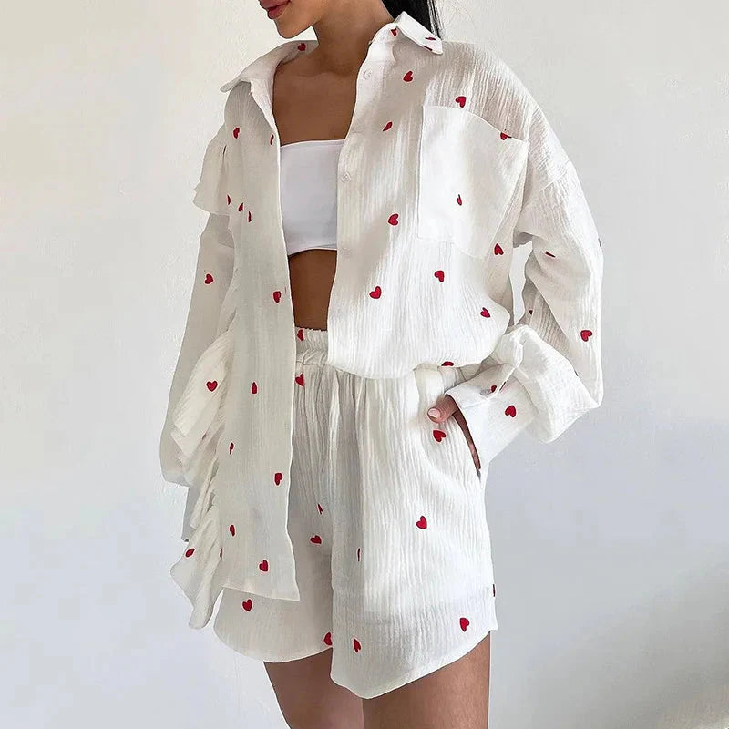Women’s Love Print Cotton Linen Pajama Set with Shorts