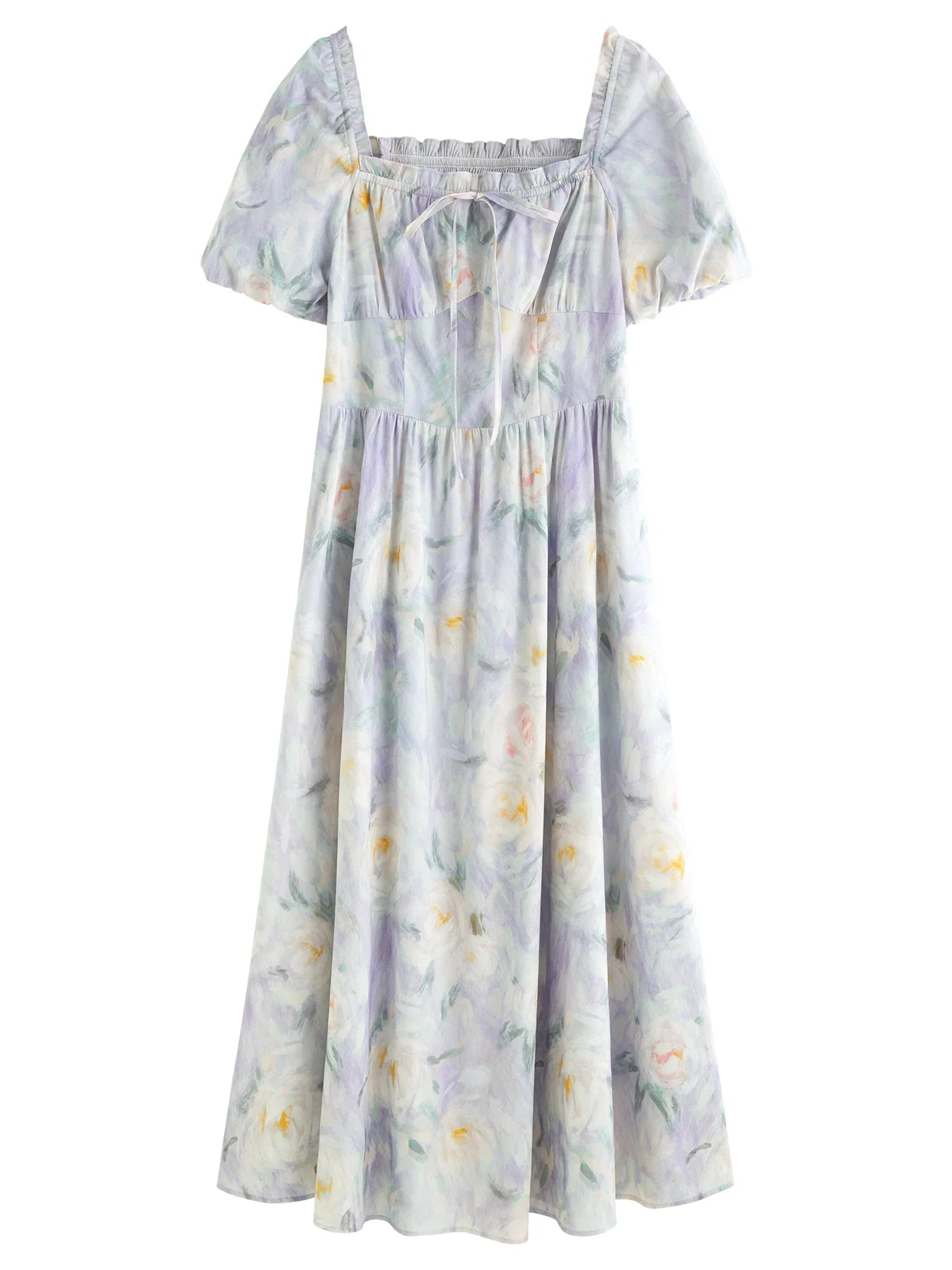 French Romantic Painting Summer Dress Sweet Waist Midi